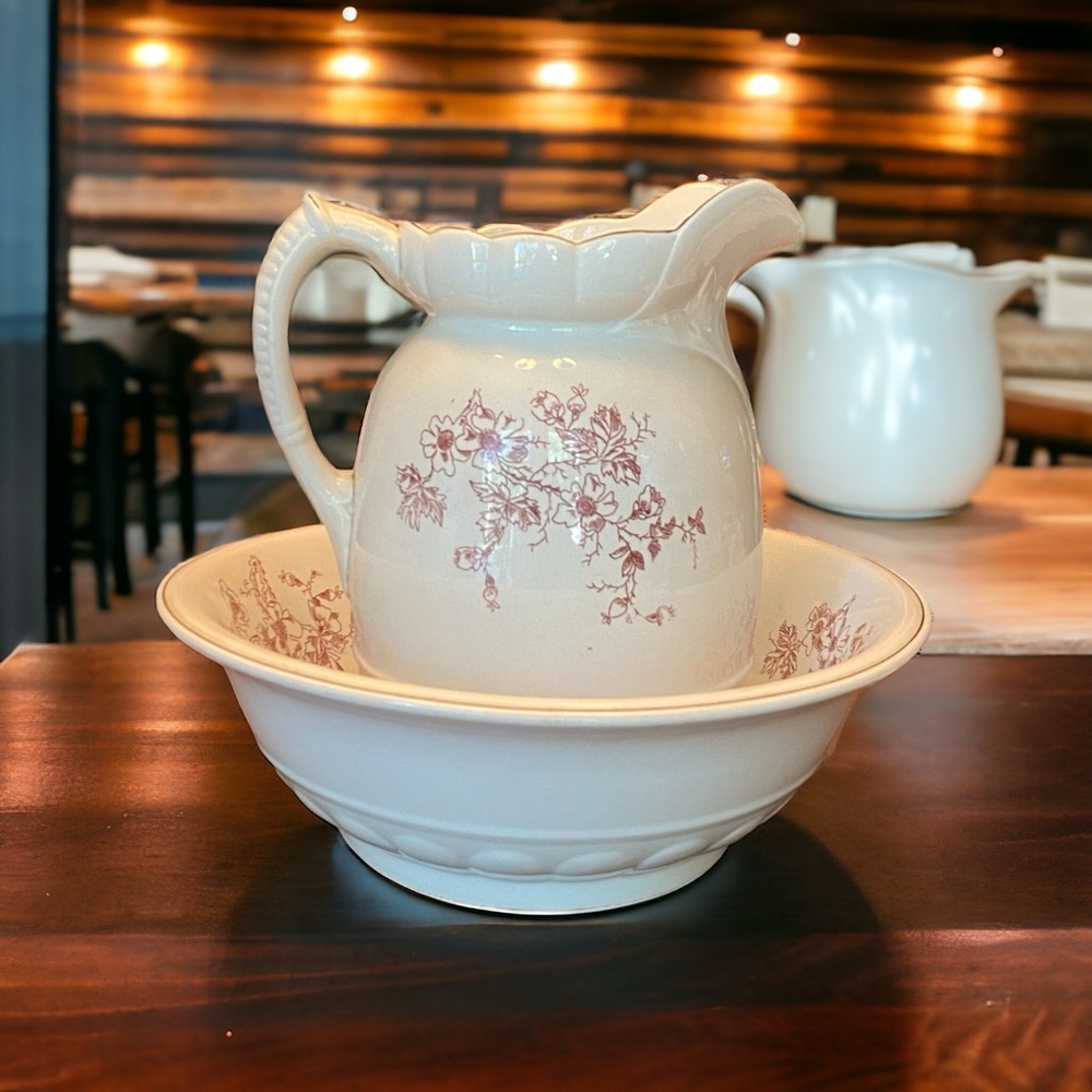 Antique Ironstone Pitcher & Wash Basin Set - Brown Floral Transferware